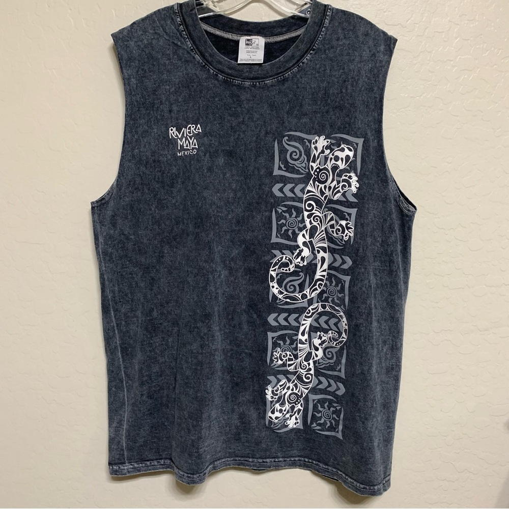 Riviera Maya Mexico Charcoal Over Sized Muscle T With Gecko Graphics